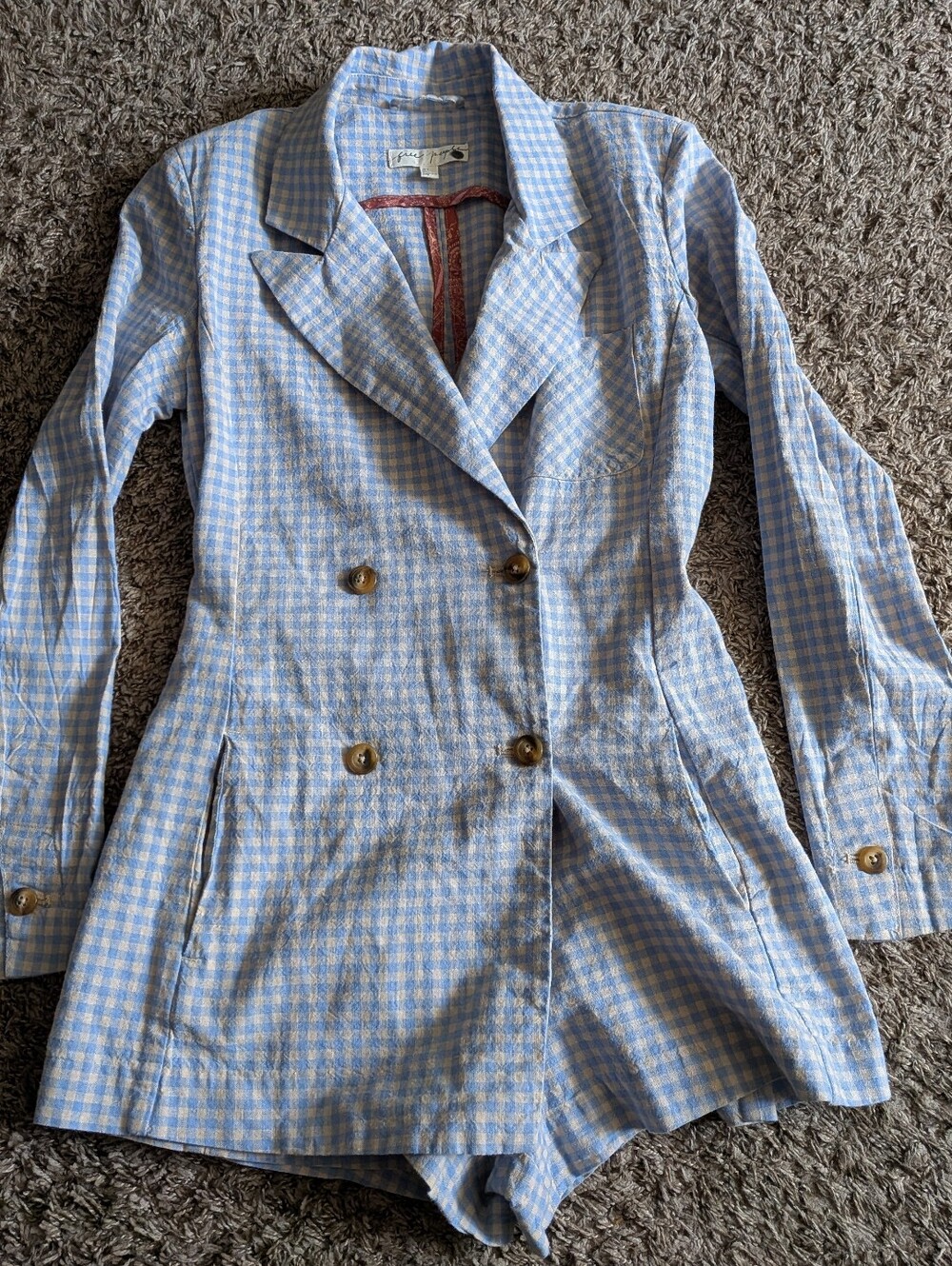Free People Linen/Cotton Blue Romper Blazer Gingham Women's Sz 2